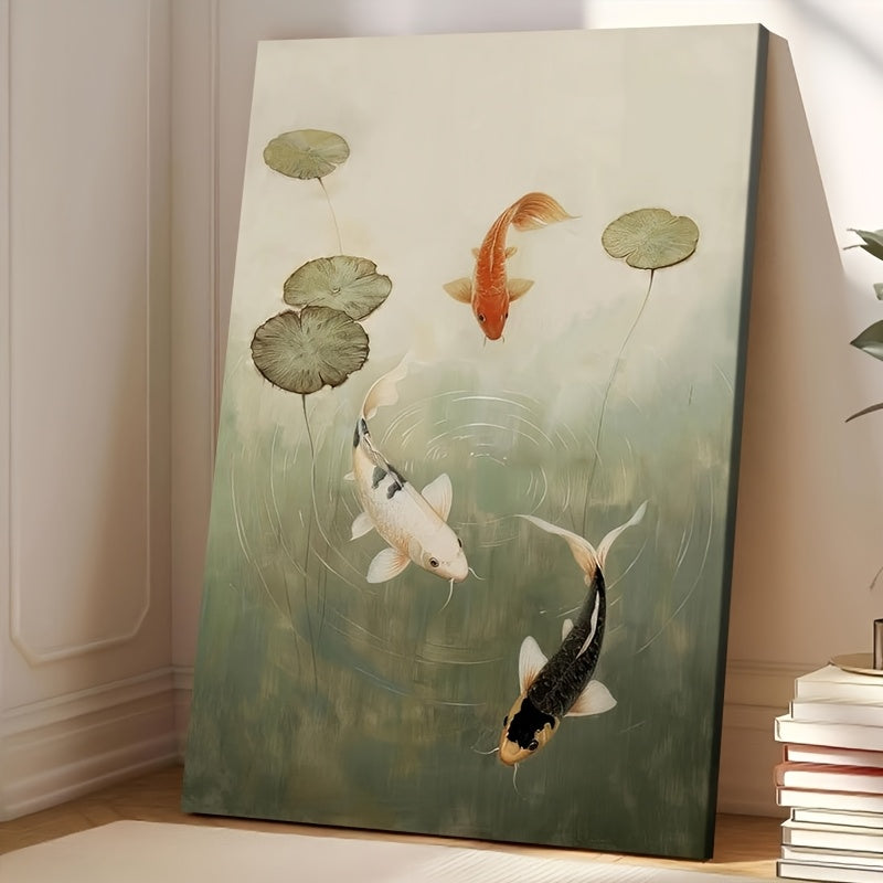 2D Flat 1pc 2D Wooden Frame Canvas Wall Painting, Flower Waves, Koi Fish Pond Wall Art, Japandi Zen Home Decoration, Suitable for Living Room, Kitchen, Bathroom Wall Decoration, Perfect Gift for Mom And Dad